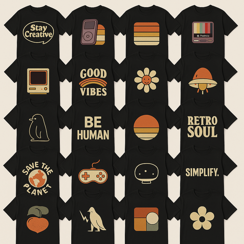 20 Retro Minimalist Digital T-Shirt Designs | Vintage Vector Artwork for Print-on-Demand | Aesthetic Typography & Icon Pack